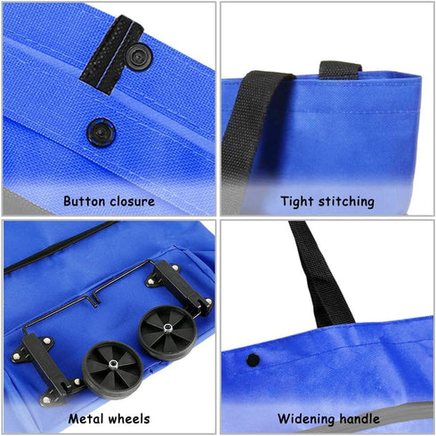 YASYU 2 1 Foldable Shopping Trolley with Wheels - in Reusable Grocery Tote Bag - Blue