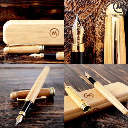MONAGGIO Bamboo Fountain Pen, Luxury Wood with Refillable Converter, Fine Calligraphy Pen