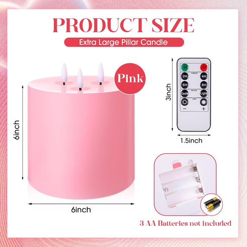 6'' 6'' 3 Retisee Valentine's Day Pink Extra Large Flameless Candles x LED Battery Operated Real Wax Wicks Flickering