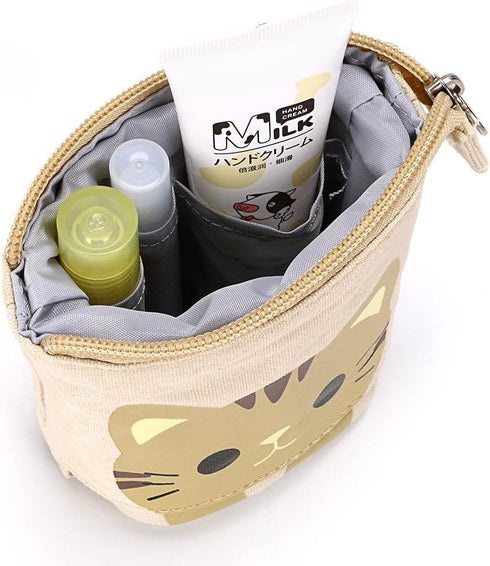 Telescopic Pencil Pouch, Cute Standing Pen Holder, Cartoon Pencil Storage Box (Khaki)