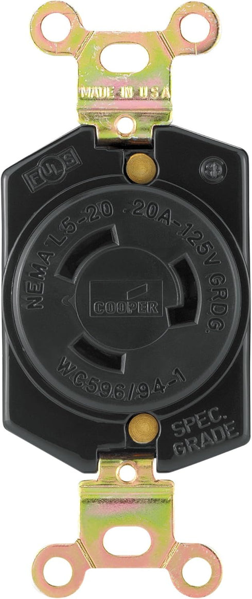 EATON Wiring L520R 20-Amp 125-Volt Hart-Lock Industrial Grade Receptacle with Safety Grip Black and White