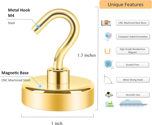 Neosmuk Heavy Duty Magnetic Hooks, Strong Neodymium Magnet with Hook for Fridge, 10 Pack, Golden, Toolbox, Grill.