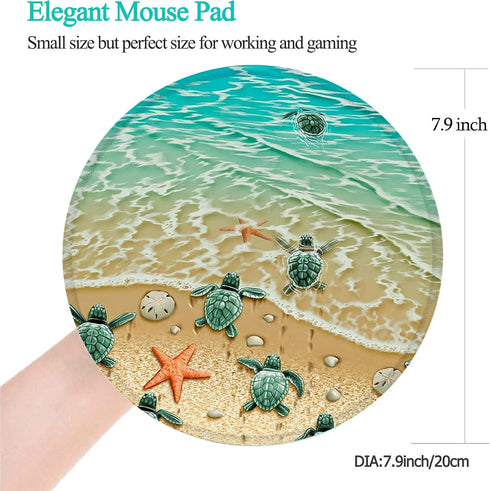 Non-Slip Rubber Base Gaming Mouse Pad, Waterproof Round Office Mouse Pad, Small Size 7.87 x 7.87 Inch, Cute Turtle