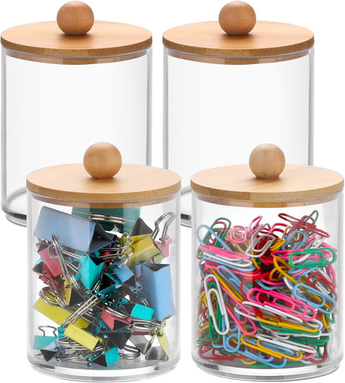 BTSKY 4 Pack PaperClip Holders with Bamboo Lid, Round Binder Holder for Desk, Clear Paper Clip Dispenser