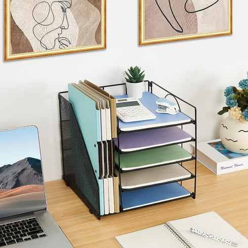 Desk Organizers and Accessories - 5-Tier Paper Letter Tray Organizer with File Holder for Office Supplies