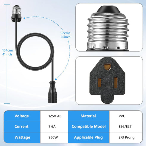 3 Outlet Light Socket Adapter, Convert E26/E27 Bulb Socket to 3 Prong Outlet with Extension Cord, Flexible Light Socket Converter Suitable for Indoor Outdoor Porch Garage Patio Use (Black, 2 Pcs) by Feekoon
