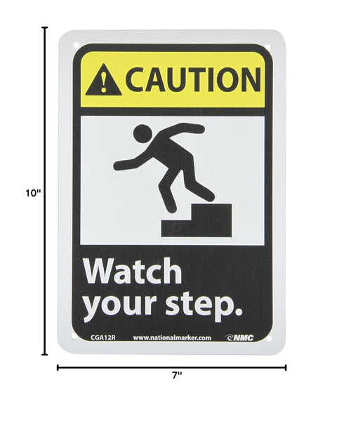 NMC CGA12R Caution Sign, "Watch Your Step", 7" x 10", Plastic, Black/White Text on Yellow/Black