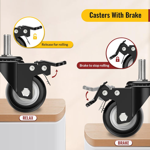 Caster Wheels 2 Inch Total Locking Stem Casters - 3/8" -16 x 1" Threaded Swivel Casters Set of 4 Heavy Duty