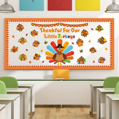 Thanksgiving Turkey Bulletin Board Set, Fall Classroom Decoration with Autumn Maple Leaves Cutouts