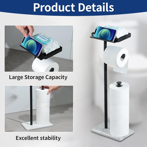 Toilet Paper Holder with Phone Stand - Extra Heavy Duty Marble Base Toilet Paper Holder Free Standing Built in Wet Wipe