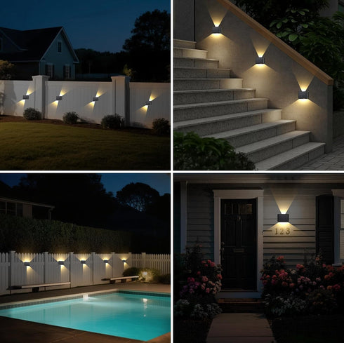 4 Pack IP65 (3000K T-SUN Solar Powered Wall Lights Outdoor Waterproof Up and Down Fence Lights for Outside Patio