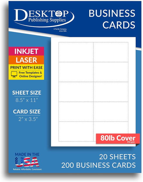 Heavyweight White Blank Business Card Paper, 20 Sheets, 200 Cards, 80lb Cover, Inkjet & Laser Compatible