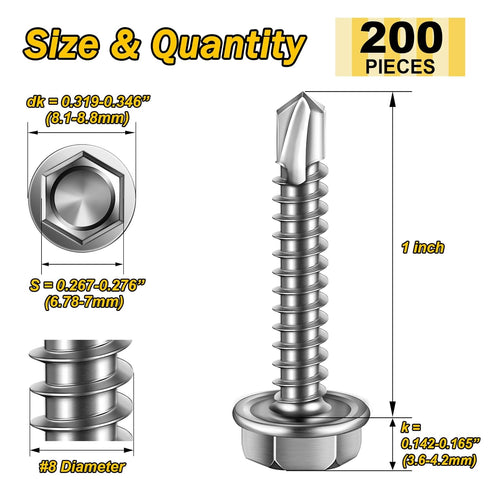 200pcs #8×1" Self Tapping Screws, 410 Stainless Steel Self Tapping Tek Screws, Hex Washer Head Self Drilling Screws High-Strength Metal Screws, Hex Drive