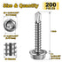 200pcs #8×1" Self Tapping Screws, 410 Stainless Steel Self Tapping Tek Screws, Hex Washer Head Self Drilling Screws High-Strength Metal Screws, Hex Drive