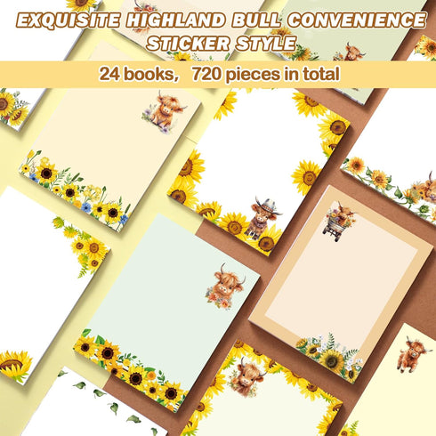Janlaugh 24 Pads Highland Cow Sticky Notes, 1440 Sheets Self Stick Cute Cow Memo Pads, Office Supplies, Cow Party