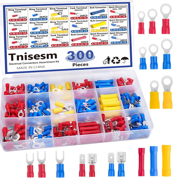 Tnisesm 300PCS Insulated Wire Crimp Connectors Assortment Kit with Ring, Spade, Butt, Quick Disconnect, Automotive