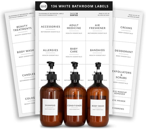 Minimalist Bathroom Labels for Organizing, 136 Preprinted Waterproof Removable Stickers for Bath Room and Makeup