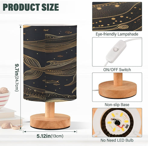 ALAZA Gold Whale Bedside Table Lamp with USB Port for Bedroom Nightstand Lamps Night Light Linen Fabric Shade Cylinder