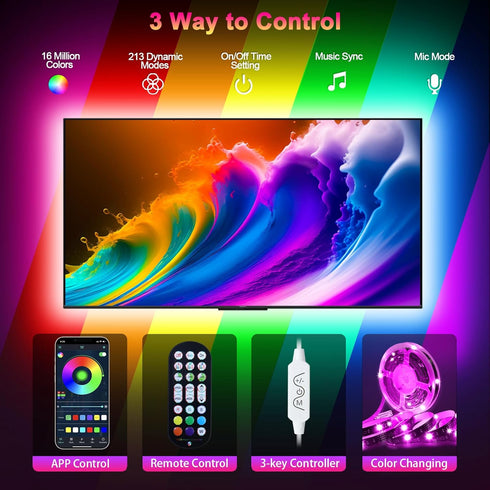 Daymeet RGB LED TV Lights, 16.4ft Backlight Strip for 65-85 inch TV, Music Sync USB Bluetooth APP Remote Control