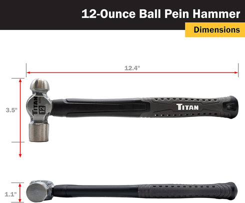 63312 12oz Hammer, 12" Titan Ball Pein Forged Steel Head, Shock Absorbing Fiberglass Handle with Textured Rubber Grip