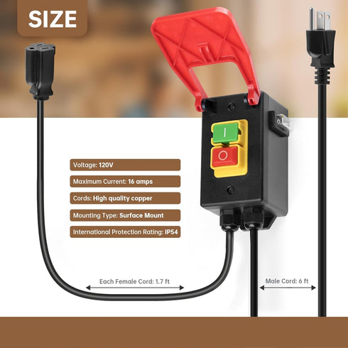 110V Single Phase Safety Switches, Ortis Router Table Switch with ON/Off Master Switch and Large Emergency Stop Paddle
