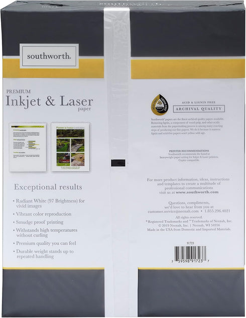 Southworth Inkjet & Laser Printer Paper, 8.5" x 11", 28 lb., Radiant White, 550 Sheets (91723-01)