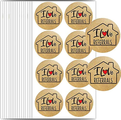 House Shaped I Love Referrals Sticker, 1.5" - Natural Brown Kraft Real Estate Agents Supplies, 504 Round Labels