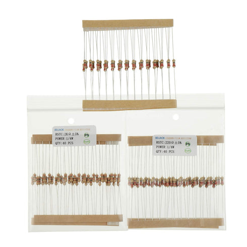 BOJACK 1000 Pcs 25 Values Resistor Kit, 1 Ohm-1M Ohm with 5% 1/4W Carbon Film Resistors Assortment
