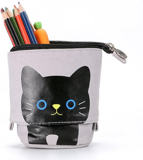 Telescopic Pencil Pouch, Cute Standing Pen Holder, Canvas+PU Storage Box with Zipper Closure (Gray)