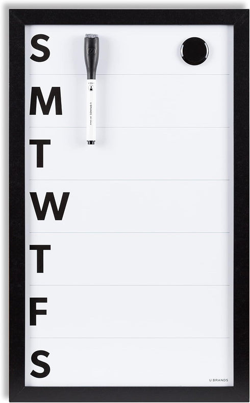 U Brands Framed Magnetic Weekly Calendar Dry Erase Board, Black Frame, with Marker, Magnet, 11” x 18”