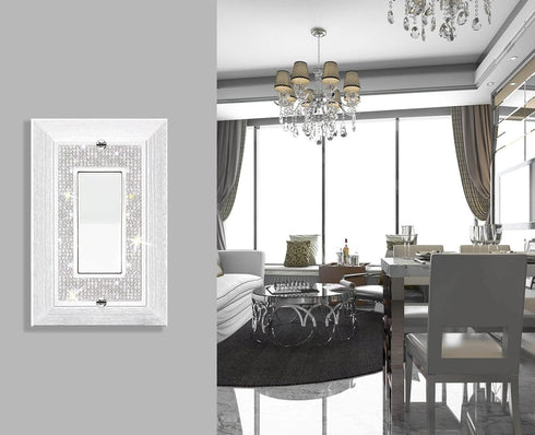Light Switch Cover Bling, 2023 Glitter Cute Switch Plate Covers, Silver Rhinestones White Texture Electrical Outlet