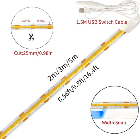 5V Dimmable Switch,9.84FT/3M,Blue,320LEDs/M,8mm IP20,1.5M USB COB LED Strip Lights with Width,Not Waterproof USB Switch