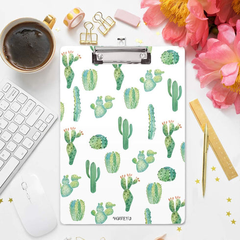 WAVEYU Cute Decorative Clipboard, Cactus Design with Low Profile Clip, Letter Size (12.5"x9"), Retractable Key Hole for