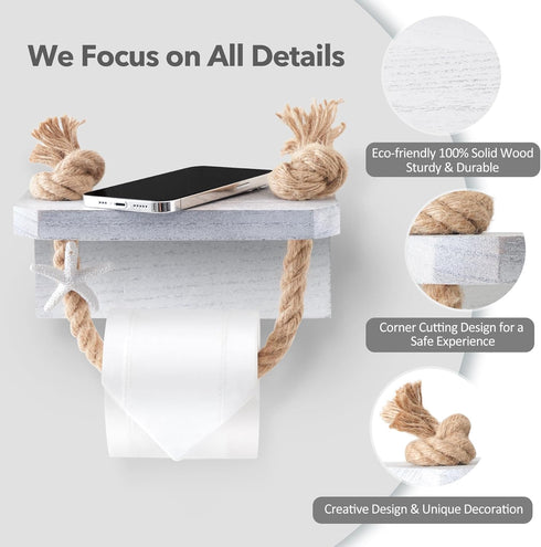Farmhouse Toilet Paper Holder - Beach Toilet Paper Roll Holder Nautical Rope Starfish Towel Rack with White Shelf, Wall