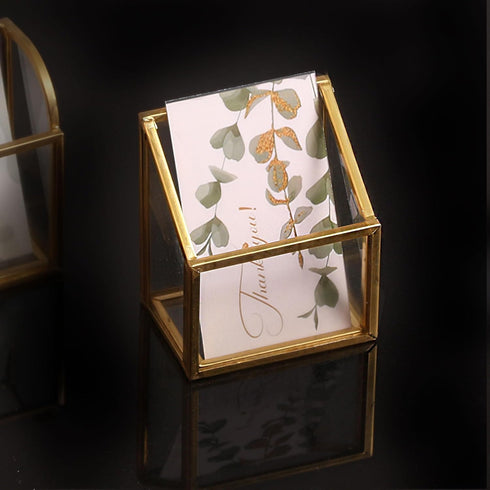 Feyarl Gold Glass Vertical Business Card Holder, Clear Name Card Display Stand for Office Meeting Desk