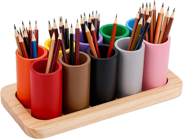Diegimr Wooden Colored Pencil Holder, Crayon Storage Organizer with 10 Movable Compartments Pen
