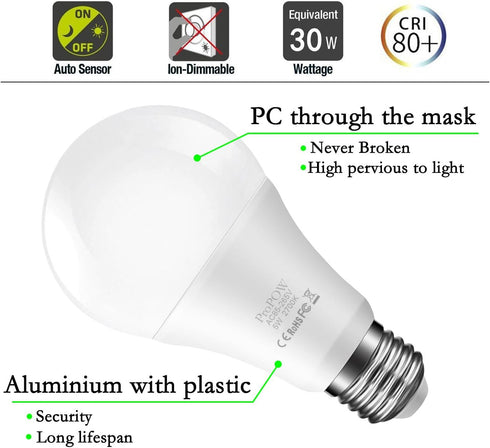 ProPOW Bulb, Bulbs Bulb 5W A19 Hallway(E26,Soft White,2-Pack) Dusk to Dawn Light Sensor LED Smart Lights Automatic