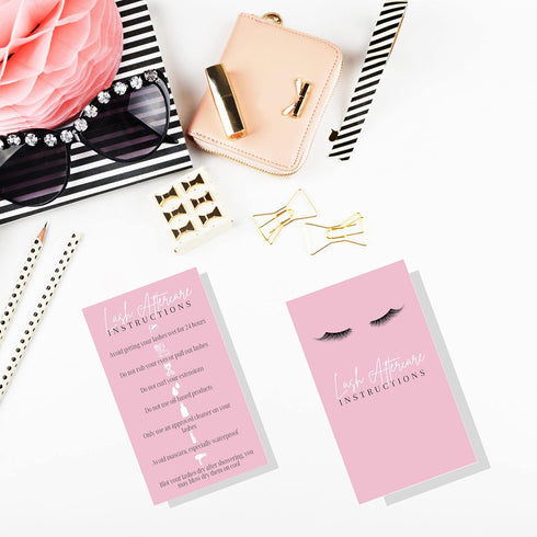 Lash Extension Aftercare Instructions Cards, 50 Pack, 2x3.5" Business Card Size, Pink Card Design