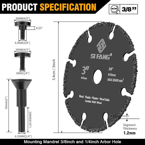 3 Inch Cut Off Wheel with 1/4" Mandrel Adapter for Die Grinder, 3/8" arbor Tungsten Carbide Blade Cutting Wheel for Drill, for Wood/Nails/Plastic/Plaster/Resin, Rotary Tool Attachments Cutter Disc