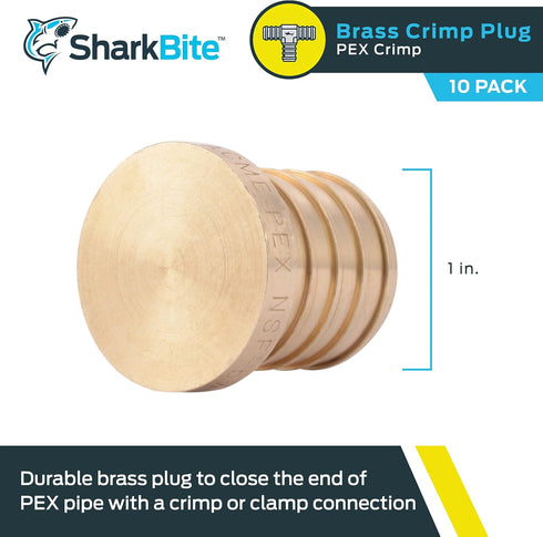SharkBite 1 Inch Crimp Plug, Pack of 10, Brass Plumbing Fitting, PEX Pipe, PE-RT, UC520LF