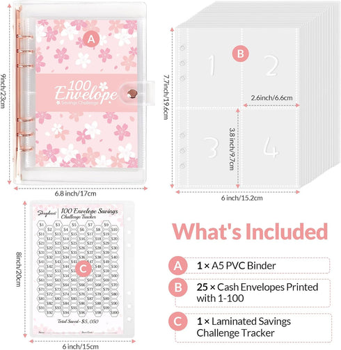 SKYDUE 100 Envelopes Challenge Binder with Laminated $5050 Tracker Sheet & Pre-numbered Pockets (Pink)