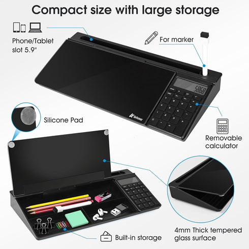 Varhomax Glass Desk Whiteboard - Black with Calculator, Desktop Dry Erase Board with Storage for Home and Office