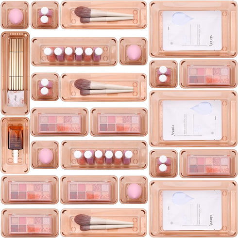 Trotianingyu Set 25 Coffee Acrylic Drawer Organizers Storage for Makeup, Office Desk Small Vanity Trays for Drawer