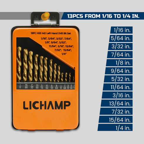Lichamp Left Hand Drill Bit Set, 13-Piece Genuine M2 HSS Twist Reverse Bits, Sizes from 1/16 to 1/4 inches