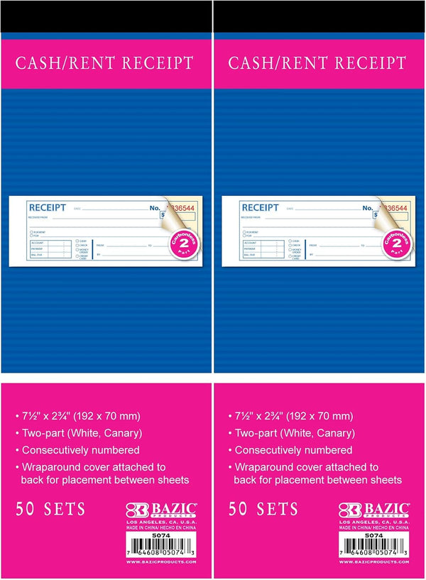 BAZIC PRODUCTS Receipts Book, Money Cash Rent Receipts for Landlords, Business & Offices, 2-Part