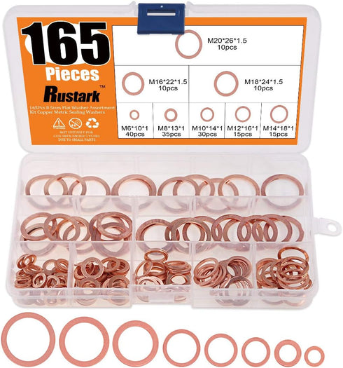 165 Pcs Copper Washer Assortment, 8 Sizes M6 M8 M10 M12 M14 M16 M18 M20 with Storage Case
