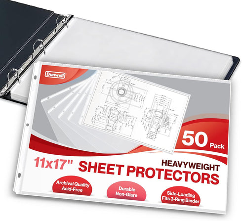 Dunwell 11x17 Sheet Protectors, 50 Pack HeavyWeight, 11 x 17" Ledger Size Plastic Sleeves for 3-Ring Binders