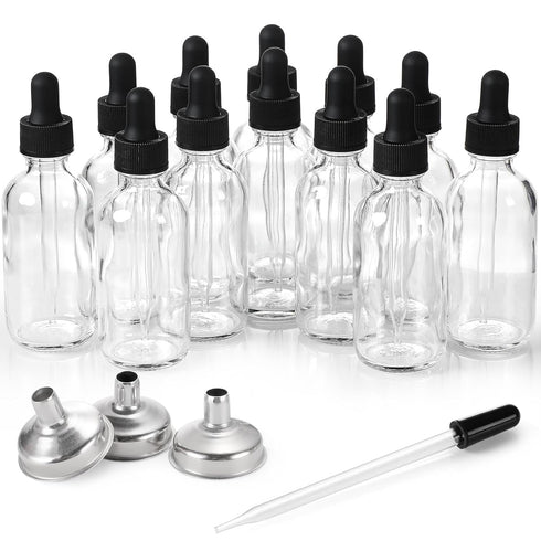 12 Pack 2 oz Glass Eye Dropper Bottles with 3 Stainless Steel Funnels, 1 Long Pipette Dropper, 24 Labels