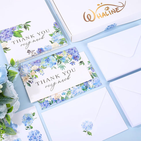 50 Pack Summer Whaline Hydrangea Thank You Cards Bulk Boxed Greeting Card Spring Blue Purple Floral Blank Note Cards