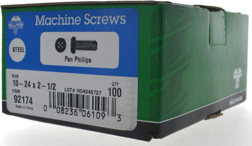 Hillman 92174 Zinc Pan Head Phillips Machine Screws, #10-24 x 2-1/2", 100 Pieces